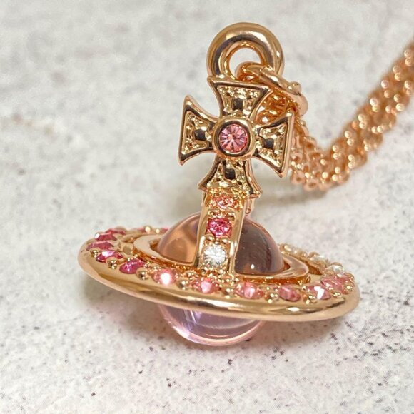 Vivienne Westwood Tiny Orb Necklace Pendant Pink Gold Top 2.0cm with drawstring - Picture 1 of 16